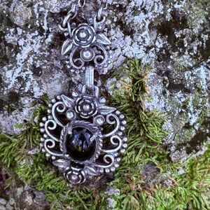 Ornate gothic Victorian style Silver Pendant Necklace with Black Stone 16”